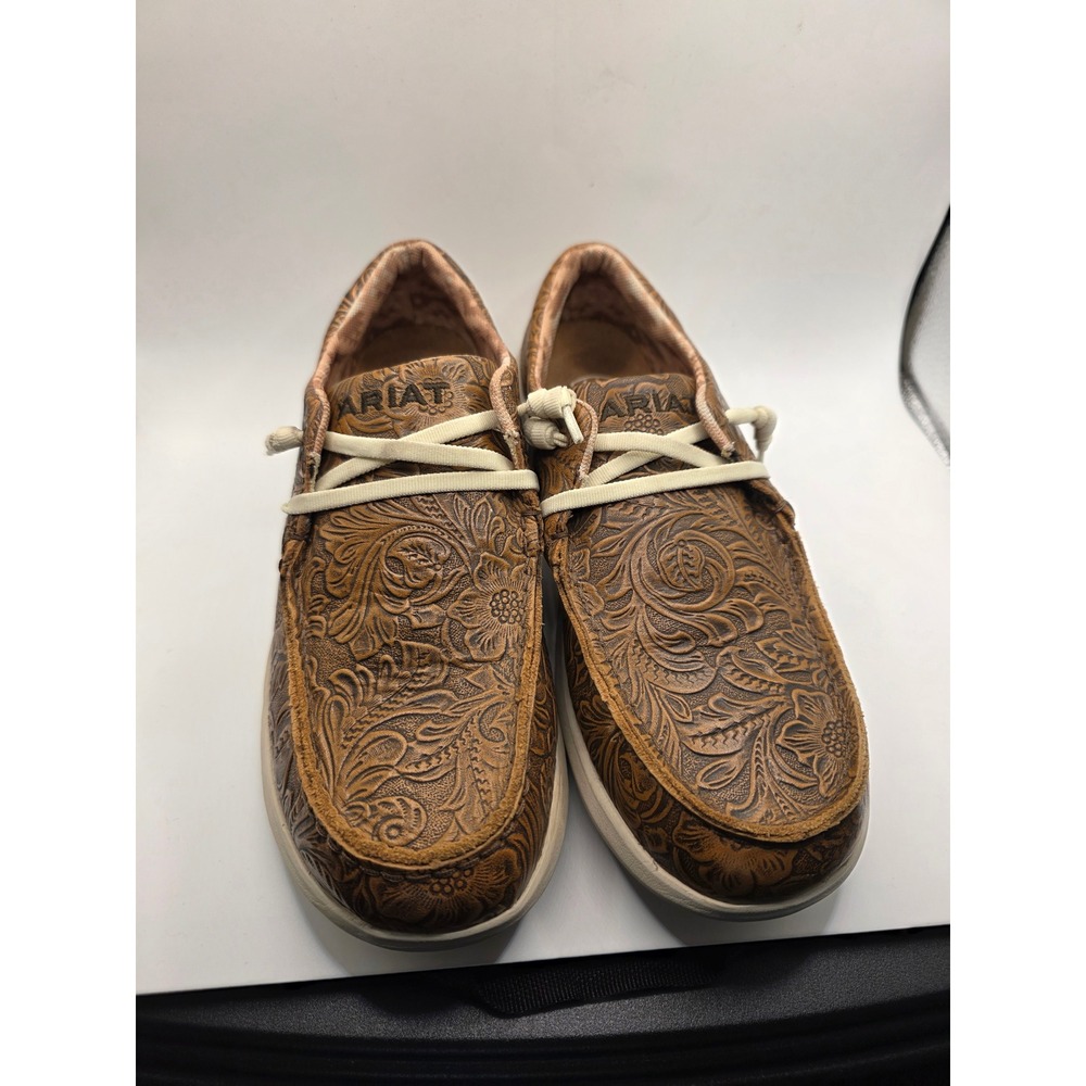 Ariat Hilo Brown Floral Embossed Tooled Leather Loafers Womens 9B 10042508